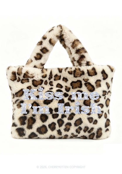 Glitter Kiss Me Im Irish St Patricks Y2K Plush Leopard Handbag Cherrykitten