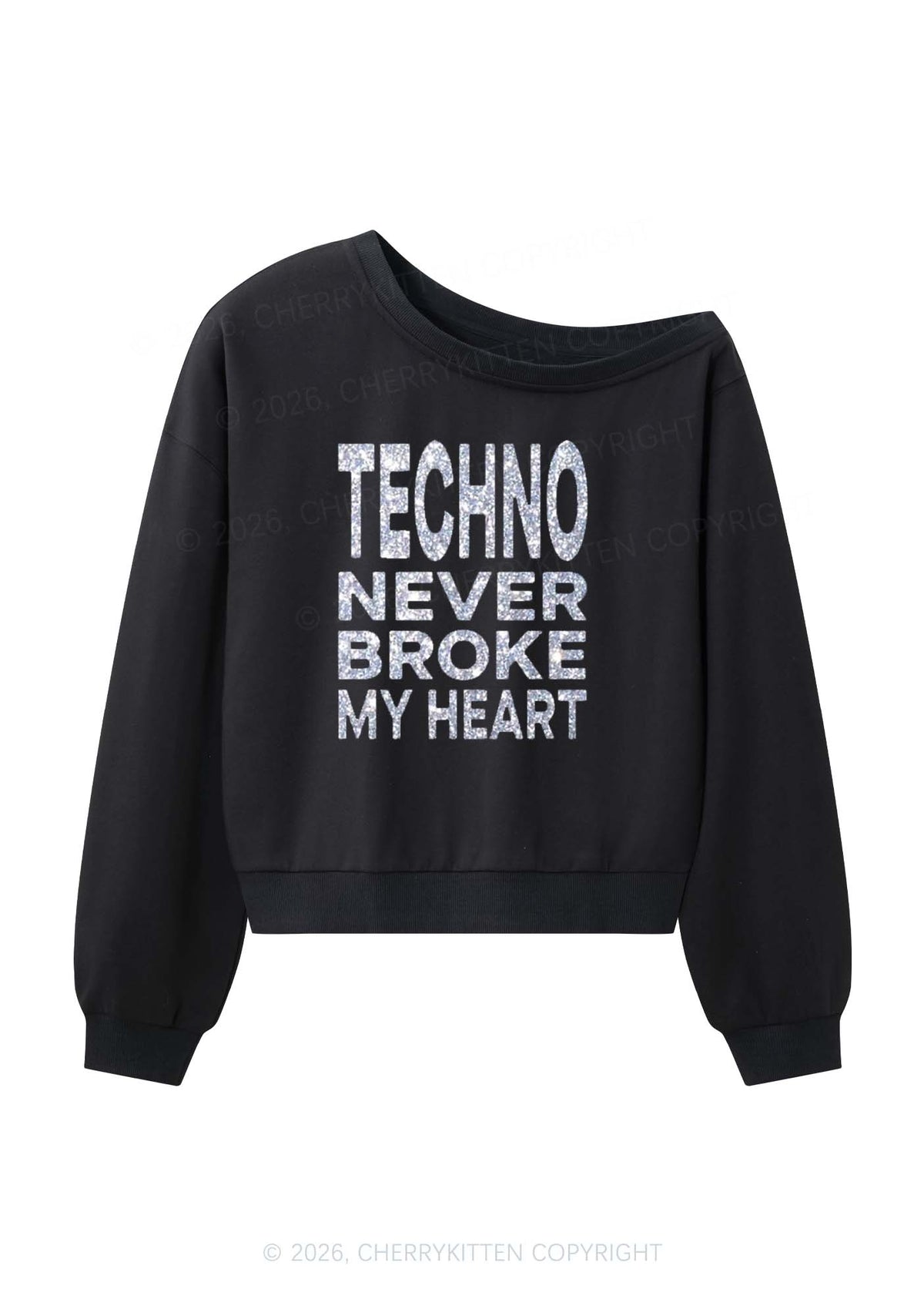 Glitter Techno Heart Y2K Off Shoulder Sweatshirts Cherrykitten