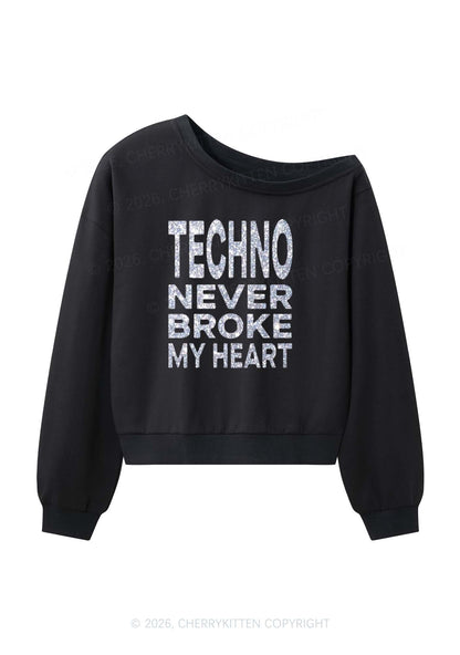 Glitter Techno Heart Y2K Off Shoulder Sweatshirts Cherrykitten