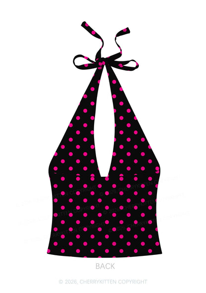 Hot Pink Polka Dot Y2K Print Halter Deep V Neck Cami Cherrykitten