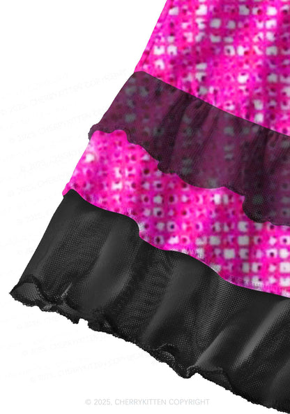 Shiny Pink Y2K Print Mini Layered Skirt Cherrykitten
