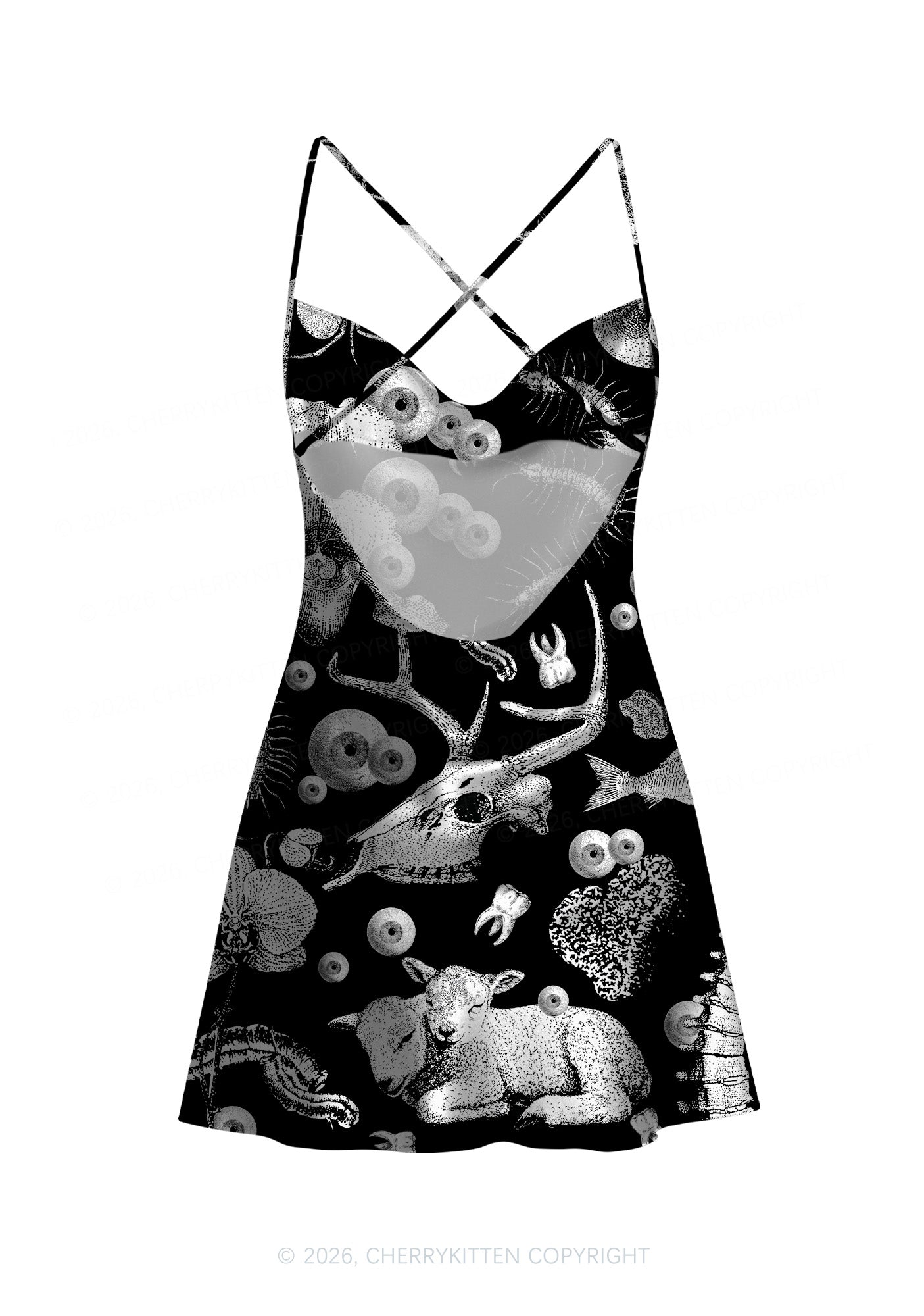 Halloween Dark Sheep Bone Y2K Print Satin Cowl Neck Slip Dress Cherrykitten