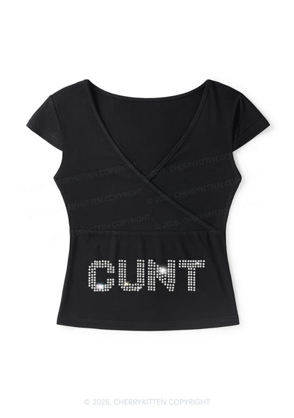 Rhinestone Cxxt Y2K Wrap V Neck T Shirts Cherrykitten