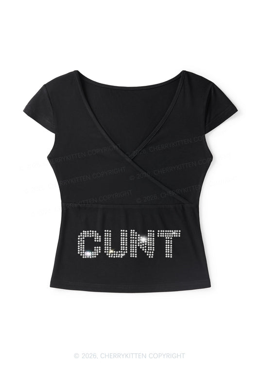 Rhinestone Cxxt Y2K Wrap V Neck T Shirts Cherrykitten