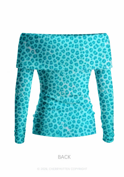 Mint Leopard Hamster Y2K Off Shoulder Fold Over Knit Top Cherrykitten