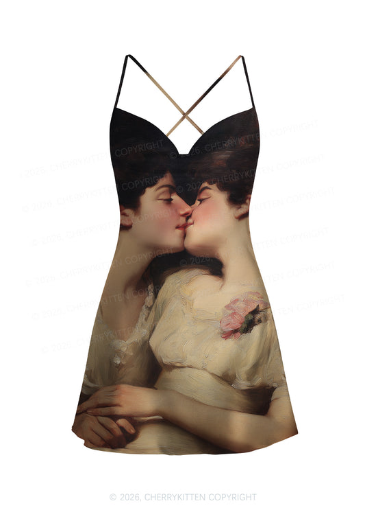Vintage Women Kissing Pride Y2K Print Satin Cowl Neck Slip Dress Cherrykitten