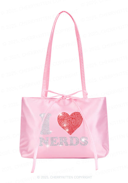 Rhinestone I Love Nerds Y2K Satin Bags Cherrykitten