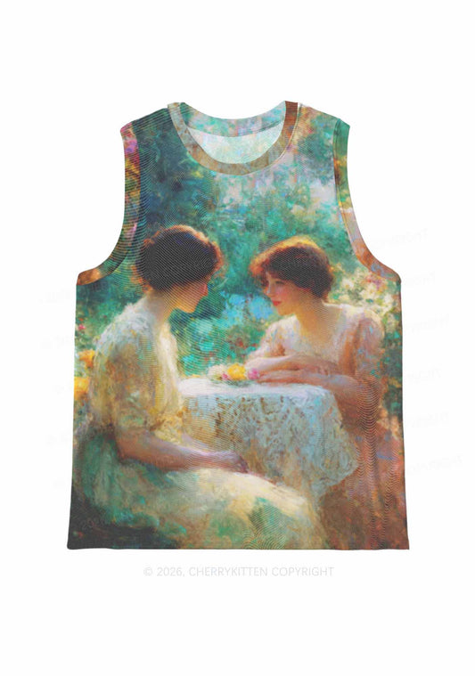 Garden Tea Scene Art Pride Y2K Mesh Muscle Tank Cherrykitten