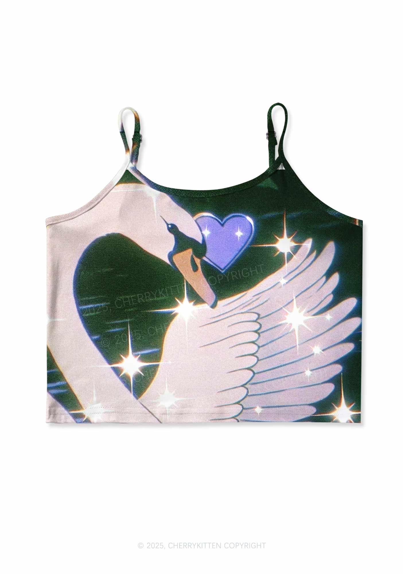 Glitter Swan Y2K Print Cami Crop Top Cherrykitten