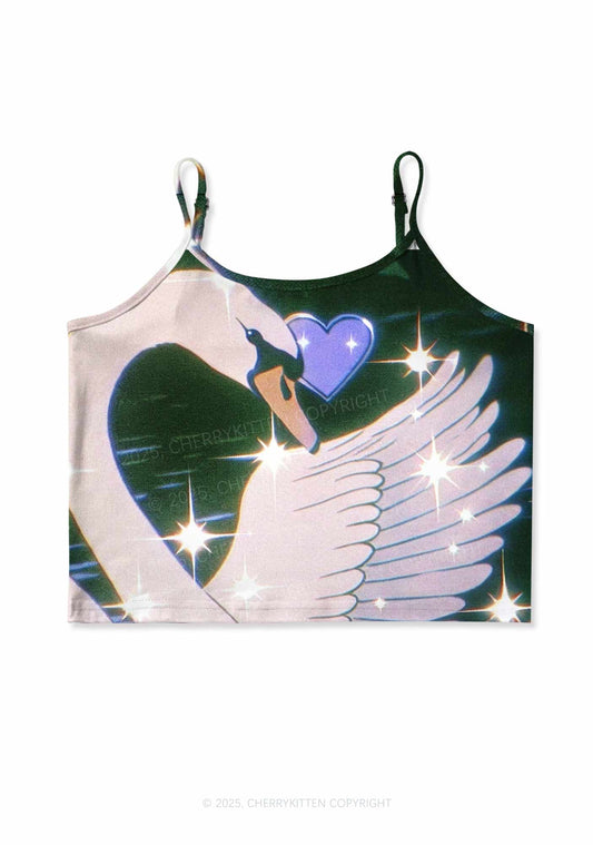 Glitter Swan Y2K Print Cami Crop Top Cherrykitten