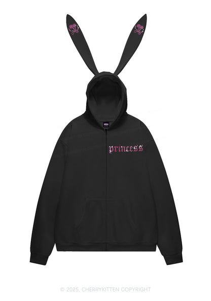 Rhinestone Princess Y2K Bunny Ear Zip Hoodie Cherrykitten