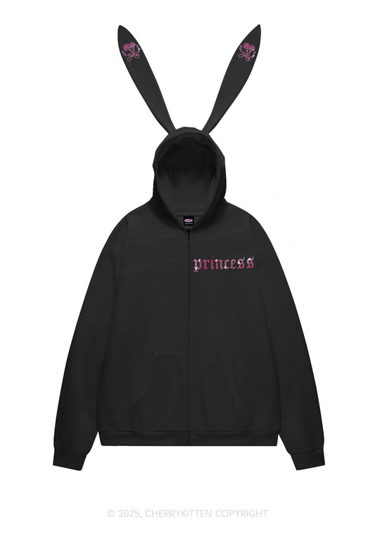Rhinestone Princess Y2K Bunny Ear Zip Hoodie Cherrykitten