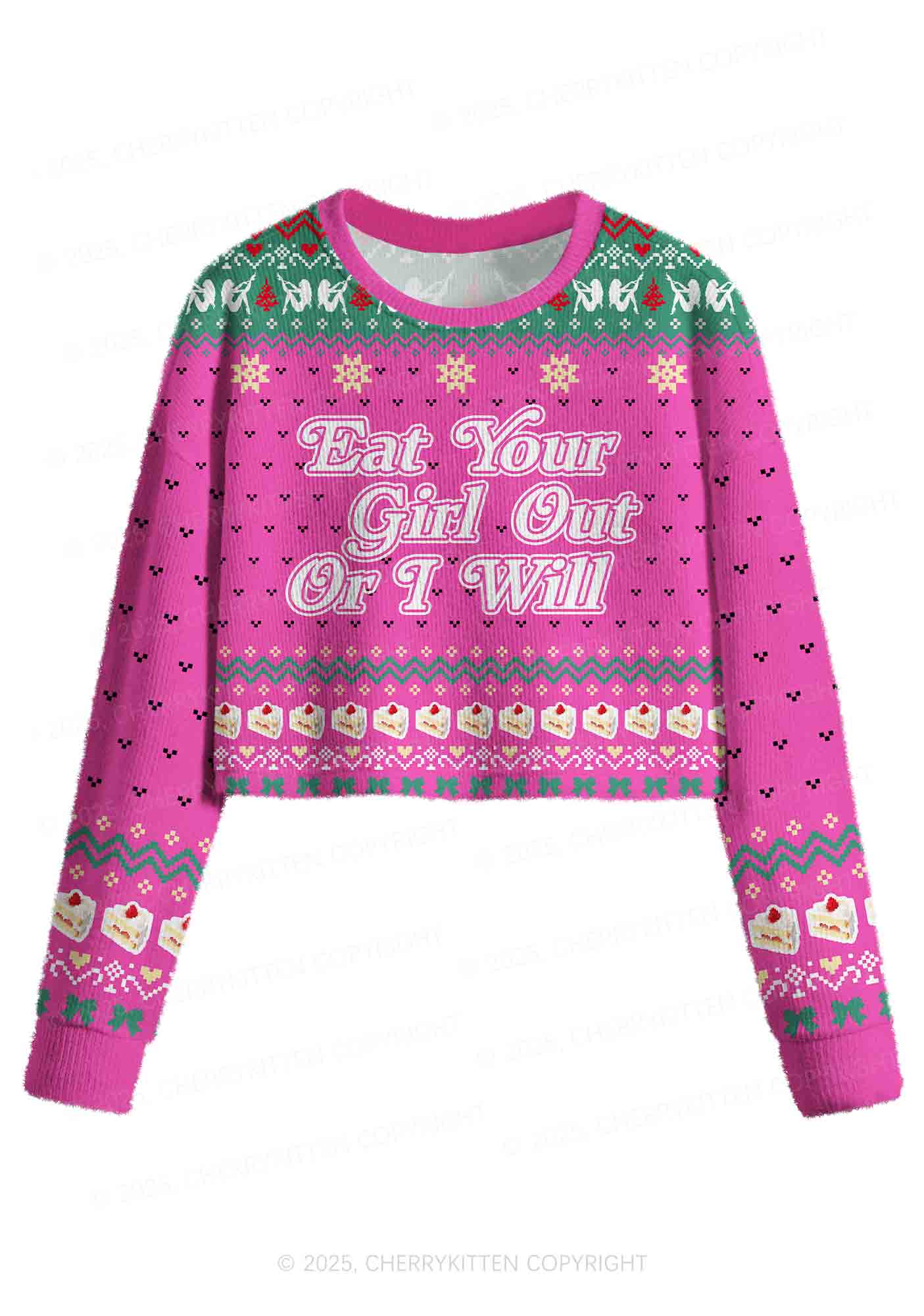 Eat Your Girl Out Pride Y2K Christmas Crop Knit Sweatshirt Cherrykitten