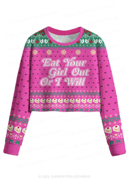 Eat Your Girl Out Pride Y2K Christmas Crop Knit Sweatshirt Cherrykitten