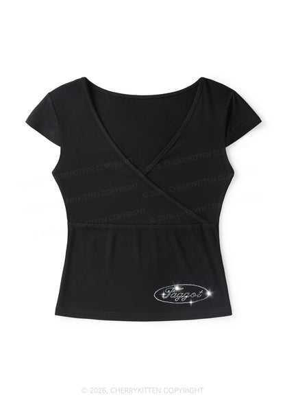 Rhinestone Faggot Pride Y2K Wrap V Neck T Shirts Cherrykitten