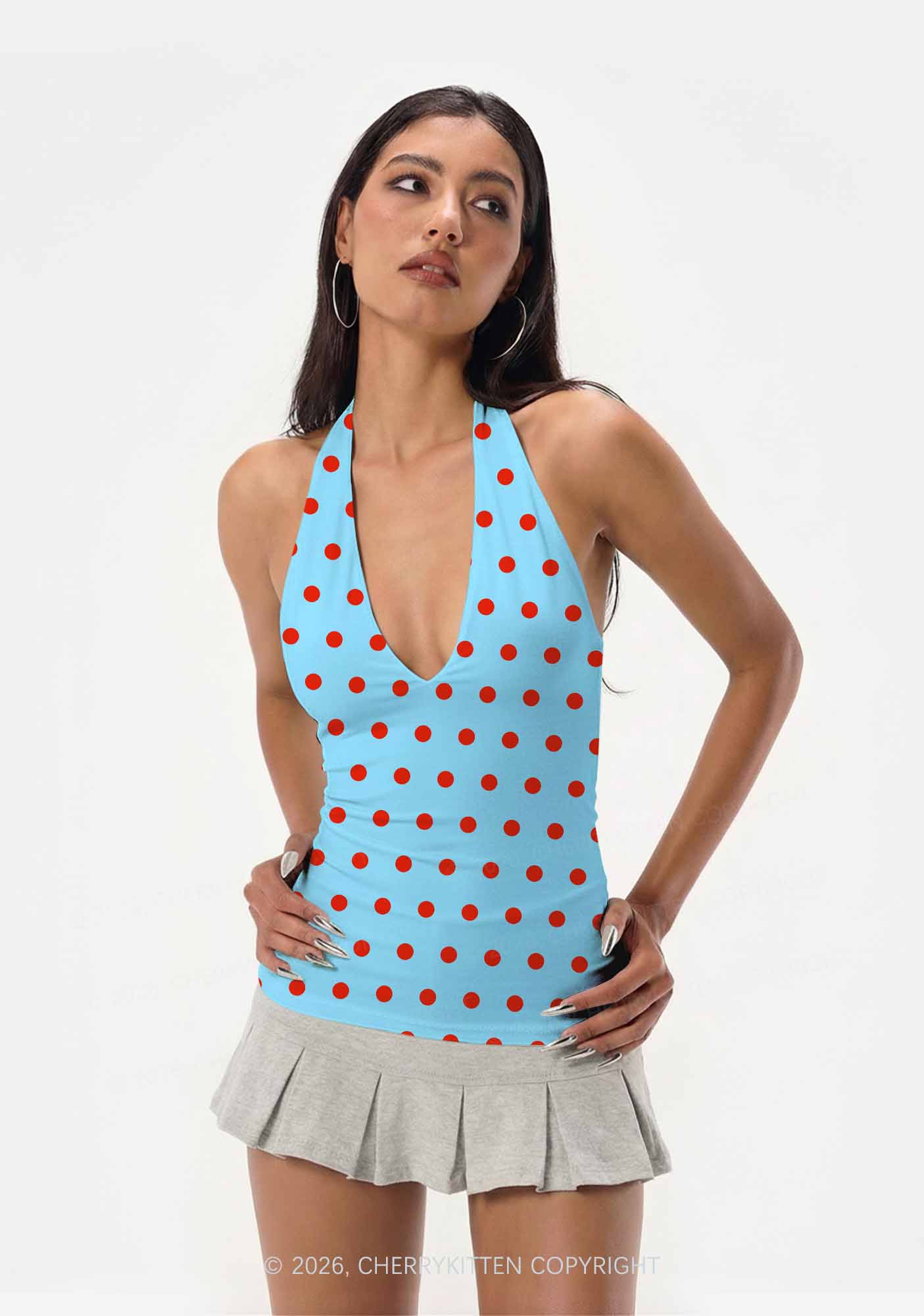 Red Dots On Blue Y2K Print Halter Deep V Neck Cami Cherrykitten