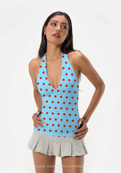 Red Dots On Blue Y2K Print Halter Deep V Neck Cami Cherrykitten