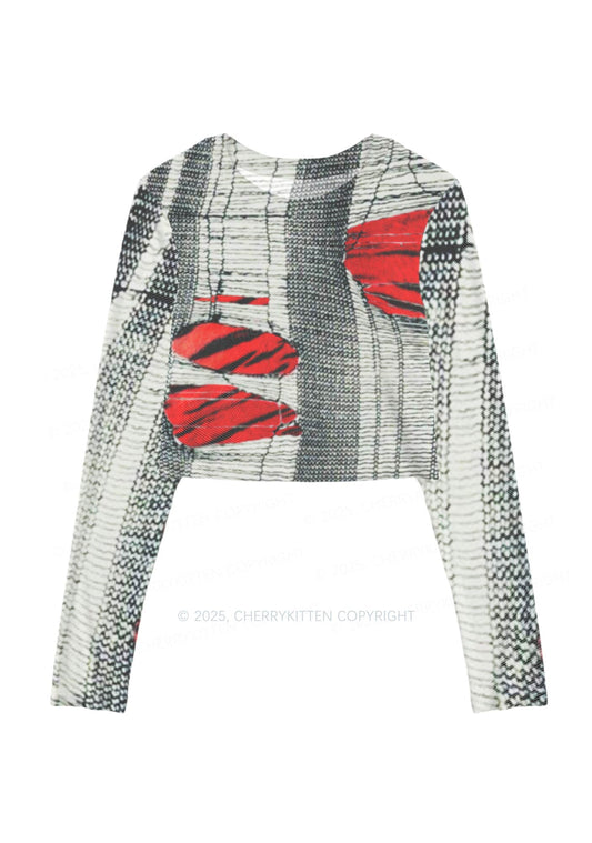 Tiger Striped Red Block Y2K Mesh Long Sleeve Crop Top Cherrykitten