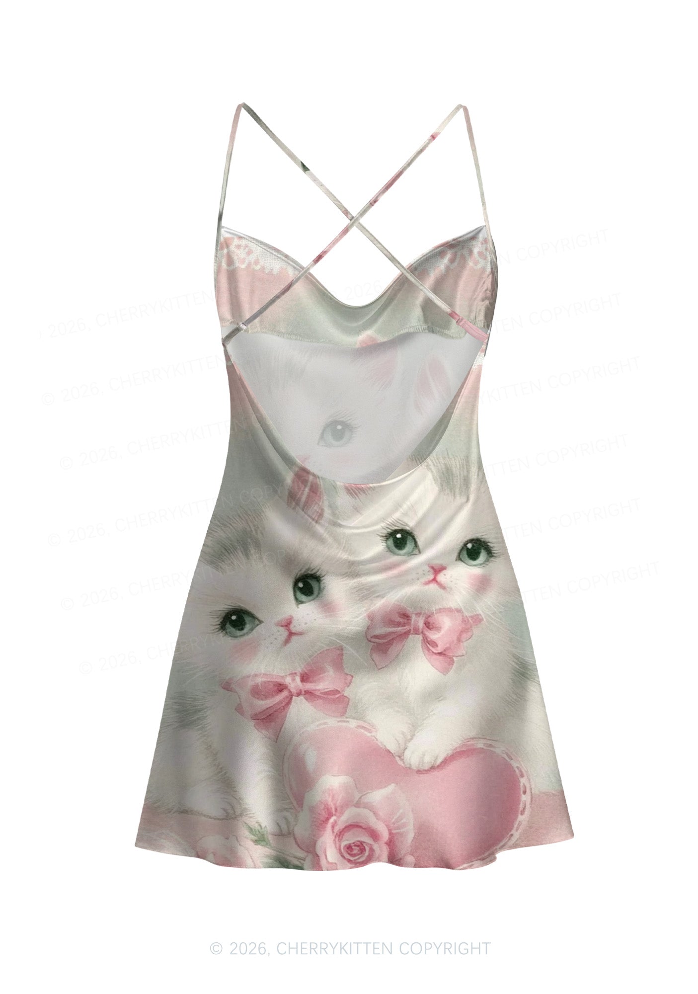 Rose Kitties Y2K Print Satin Cowl Neck Slip Dress Cherrykitten