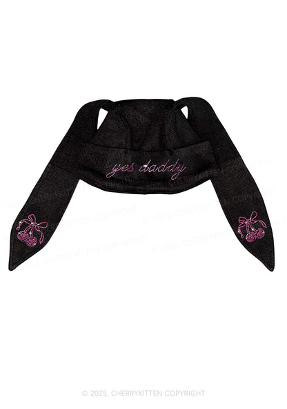 Rhinestone Yes Daddy Y2K Bunny Ear Knitted Hat Cherrykitten
