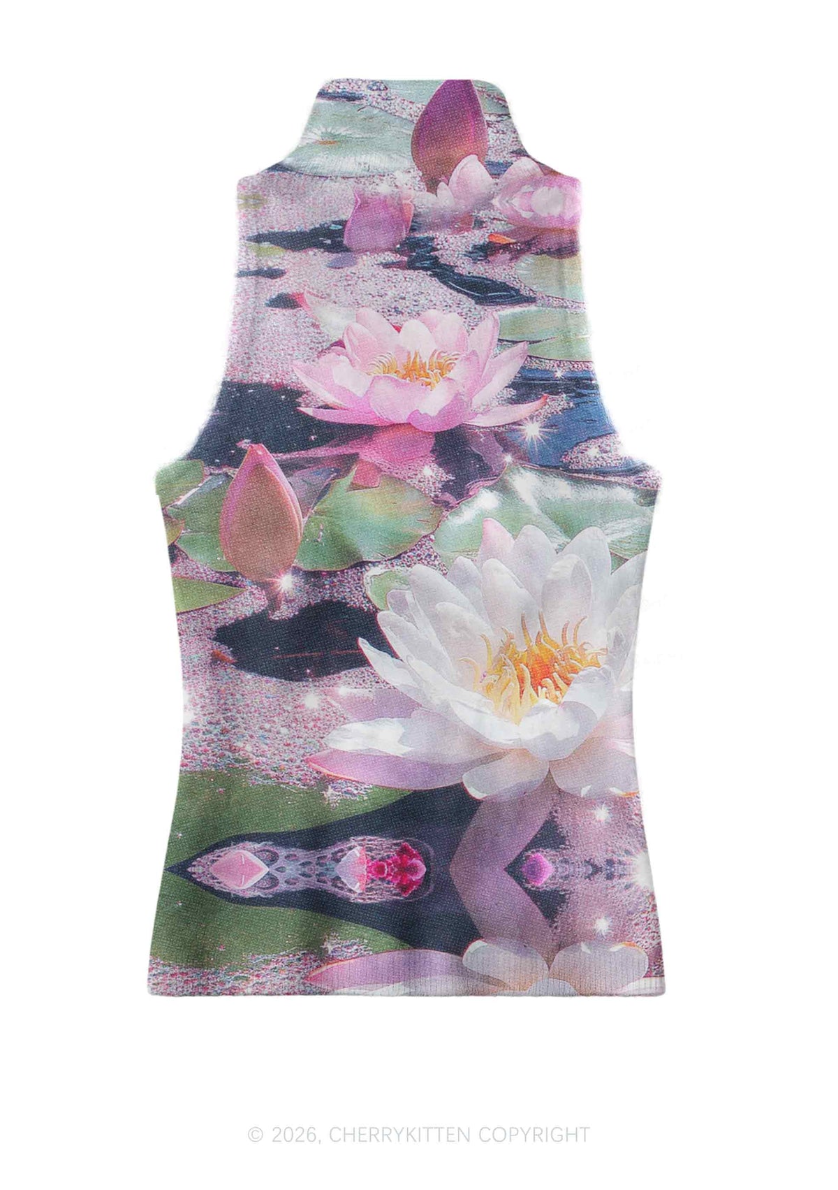 Glitter Lotus Y2K Knit Turtleneck Tank Top Cherrykitten