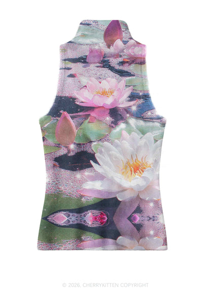 Glitter Lotus Y2K Knit Turtleneck Tank Top Cherrykitten