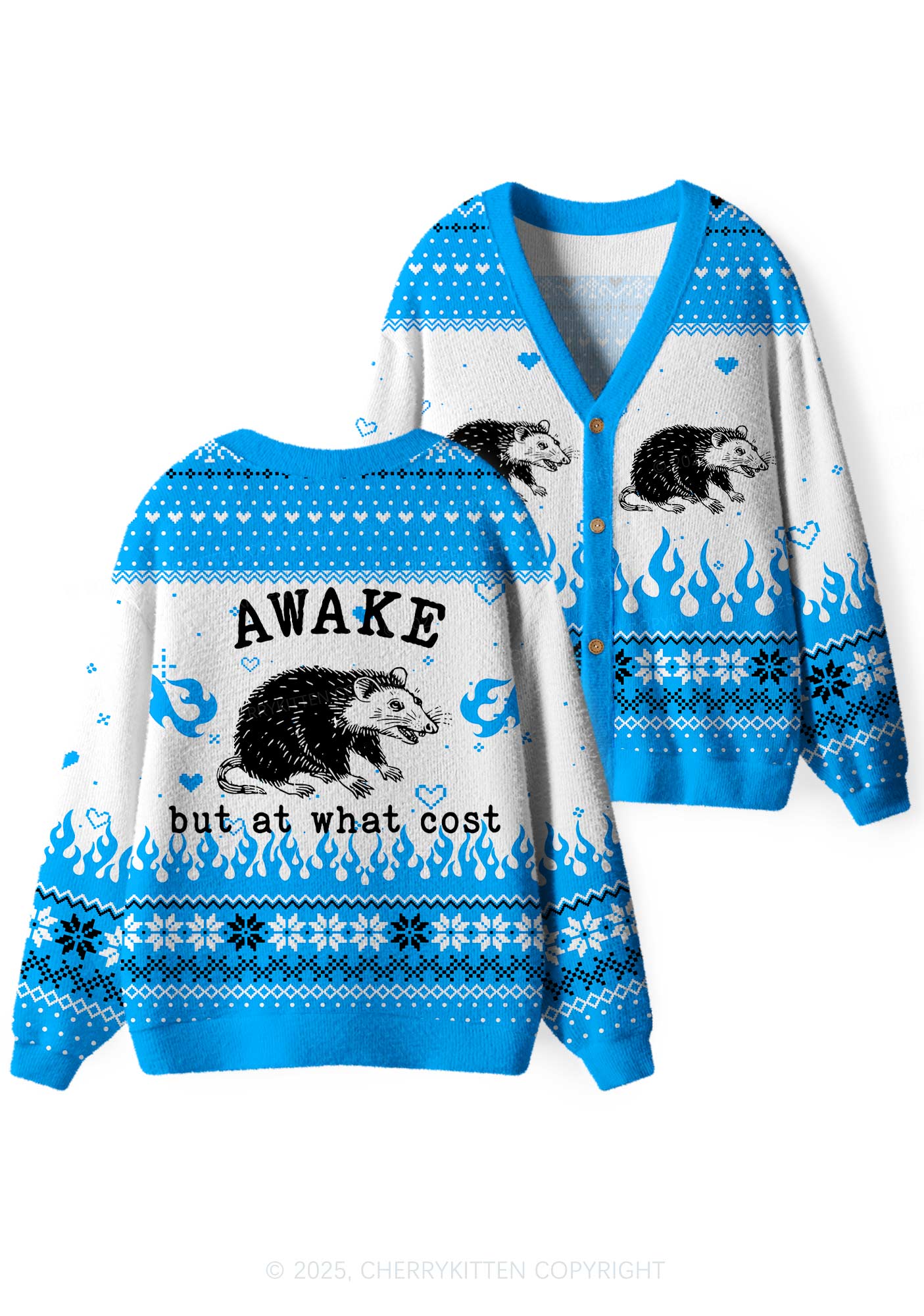 Blue Awake But What Cost Y2K Christmas Cardigan Knit Sweatshirt Cherrykitten