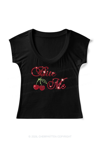 Rhinestone Red Cherry Bite Me Y2K V Neck T Shirts Cherrykitten