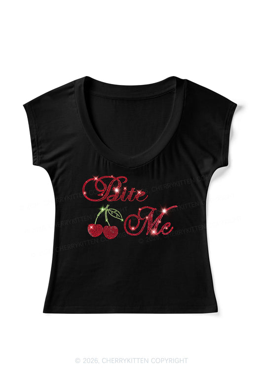 Rhinestone Red Cherry Bite Me Y2K V Neck T Shirts Cherrykitten