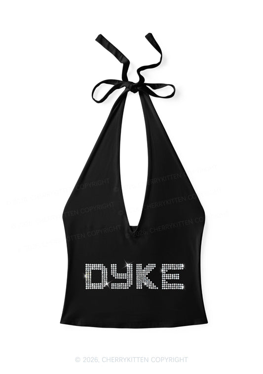 Rhinestone Dyke Pride Y2K Halter Deep V Neck Cami Cherrykitten