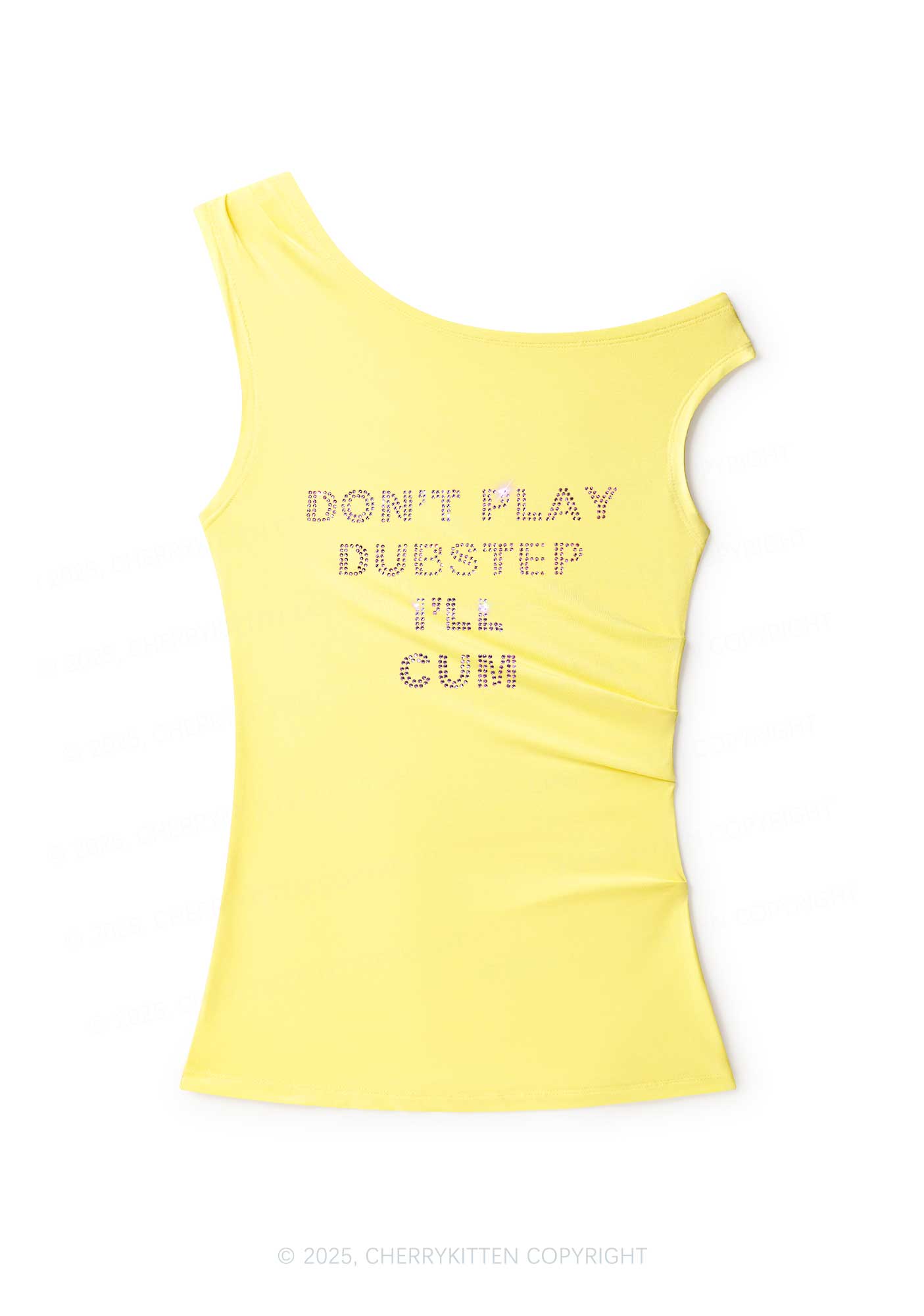 Rhinestone Dont Play Dubstep Y2K Off Shoulder Tank Top Cherrykitten