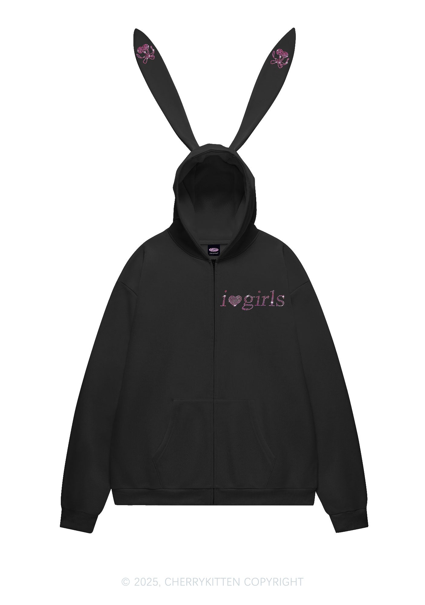 Rhinestone I Love Girls Y2K Bunny Ear Zip Hoodie Cherrykitten