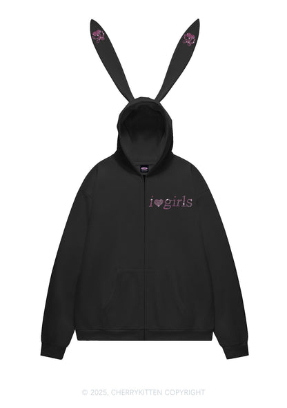Rhinestone I Love Girls Y2K Bunny Ear Zip Hoodie Cherrykitten