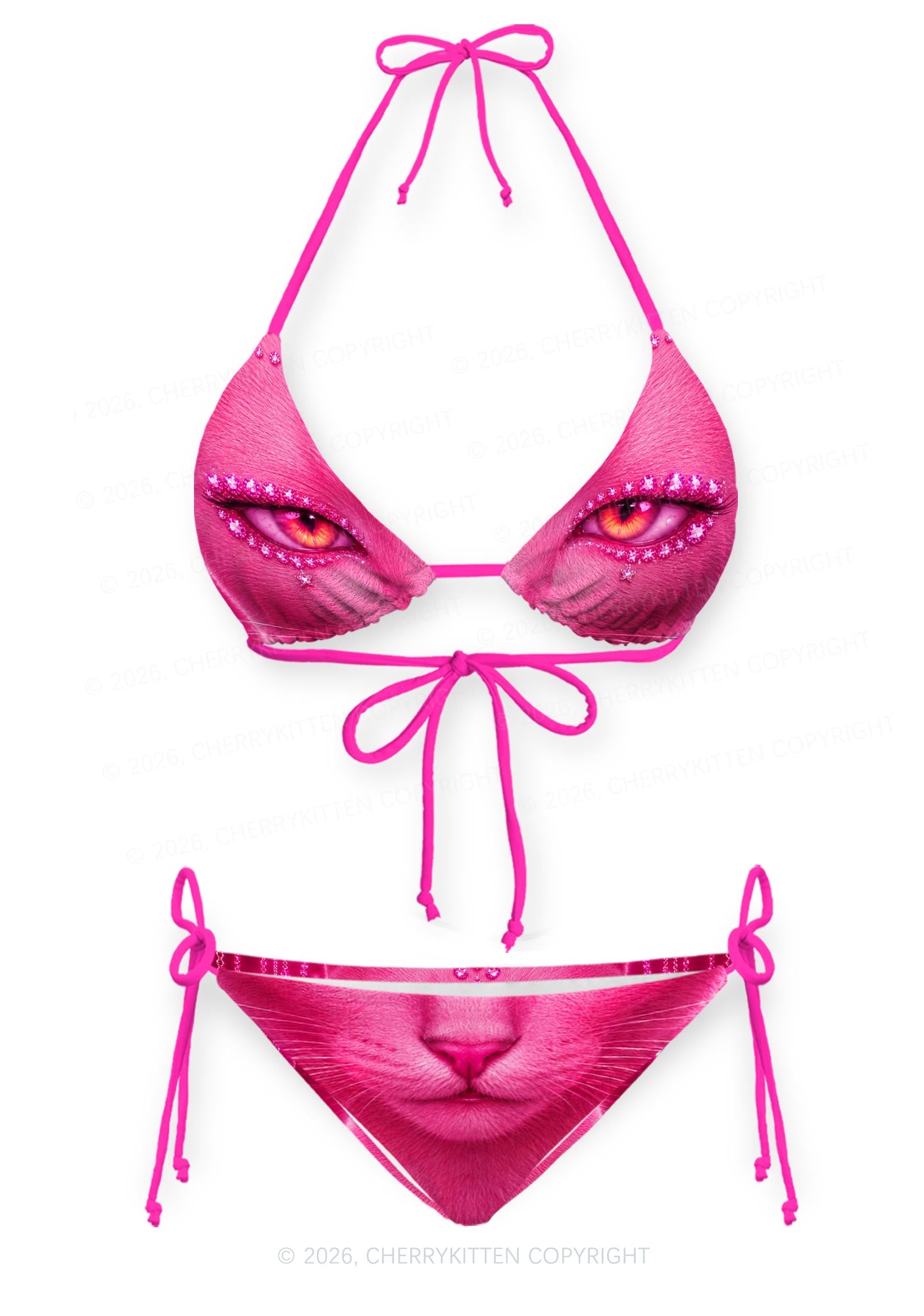 Pink Eyeshadow Cat Y2K Print Bikini Set Cherrykitten