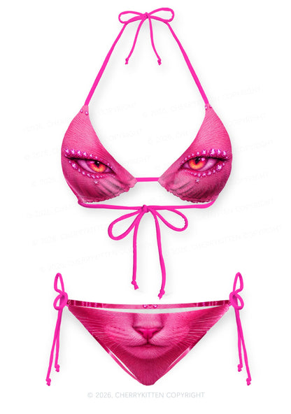 Pink Eyeshadow Cat Y2K Print Bikini Set Cherrykitten