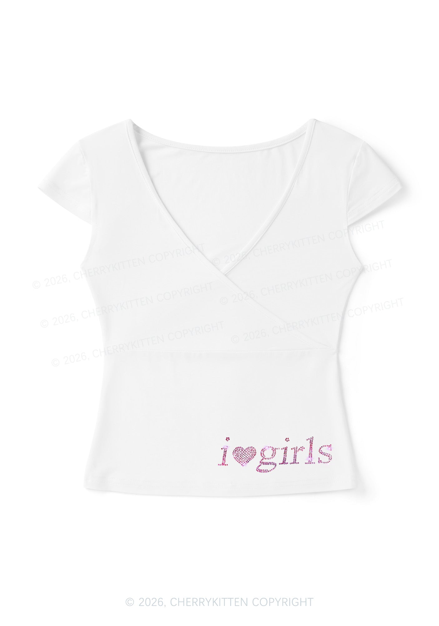 Rhinestone I Love Girls Y2K Wrap V Neck T Shirts Cherrykitten