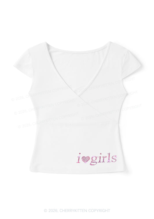 Rhinestone I Love Girls Y2K Wrap V Neck T Shirts Cherrykitten