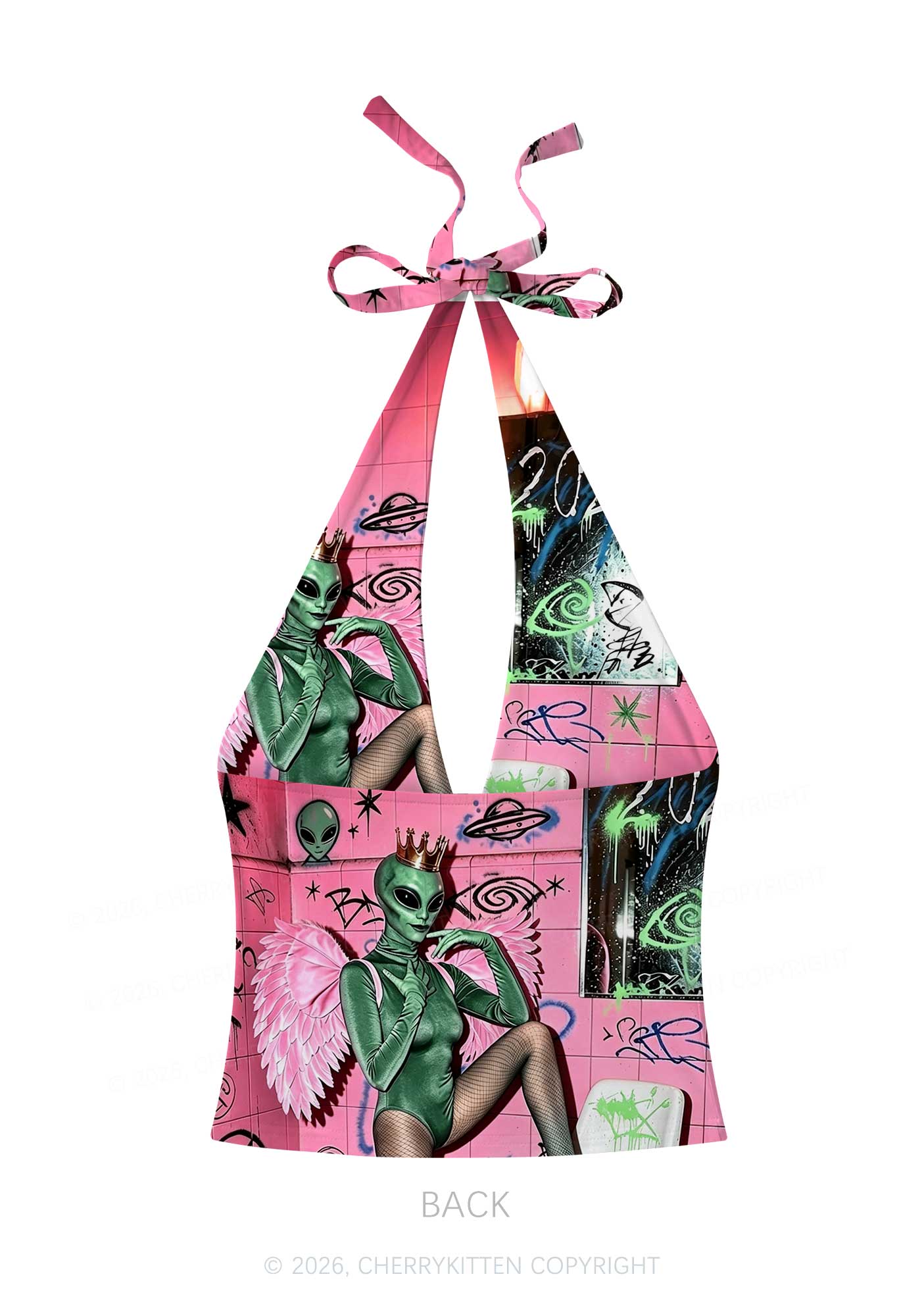 Alien Angel Graffiti Wall Y2K Print Halter Deep V Neck Cami Cherrykitten