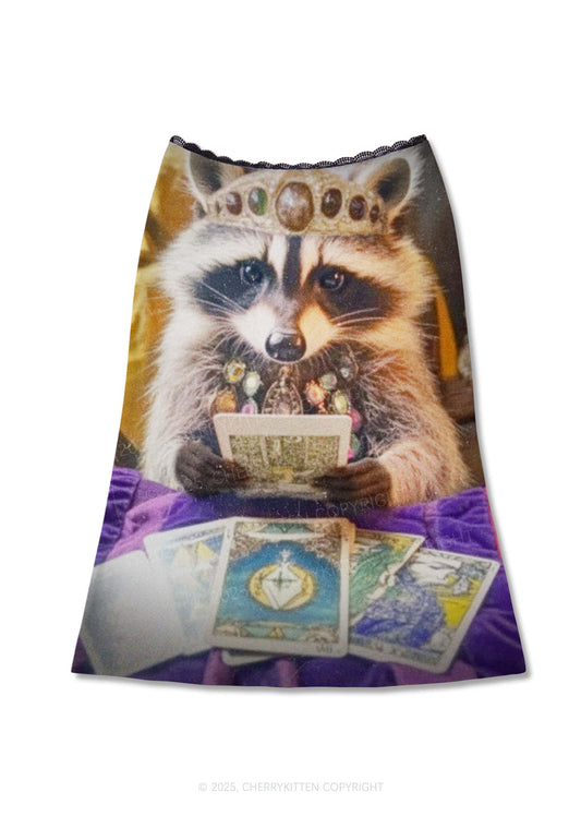 Tarot Raccoon Y2K Print Midi Skirt Cherrykitten
