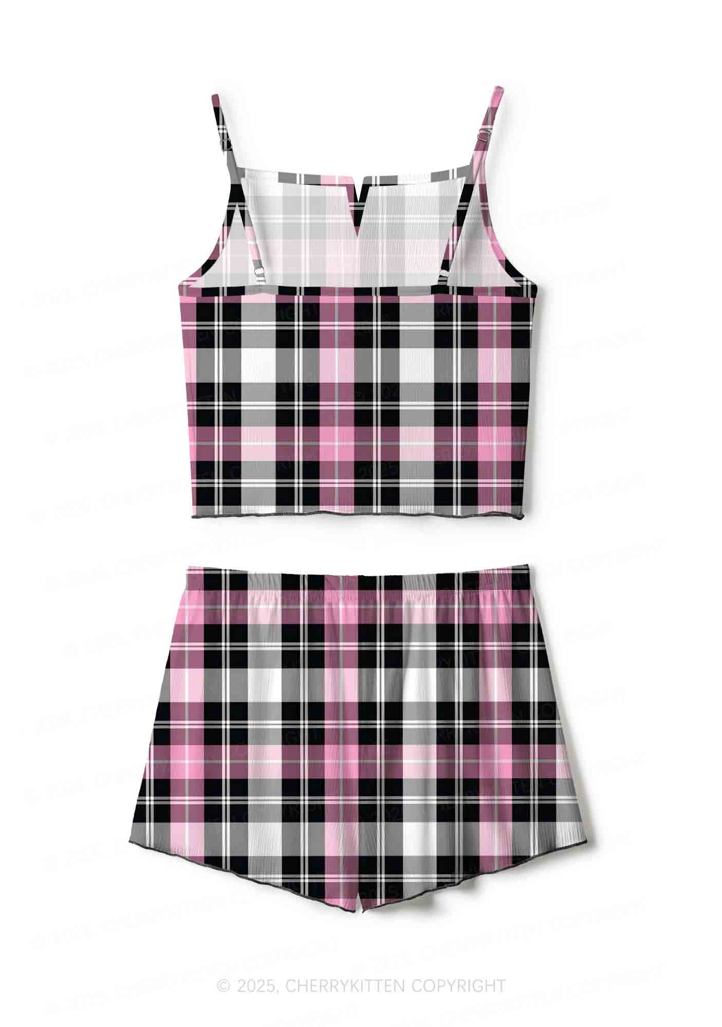 Pink And White Plaid Y2K Print Cami Shorts Pajama Set Cherrykitten