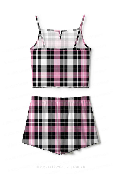 Pink And White Plaid Y2K Print Cami Shorts Pajama Set Cherrykitten