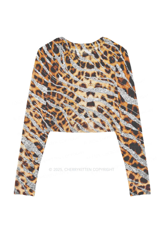 Silver Glitter Leopard Y2K Mesh Long Sleeve Crop Top Cherrykitten