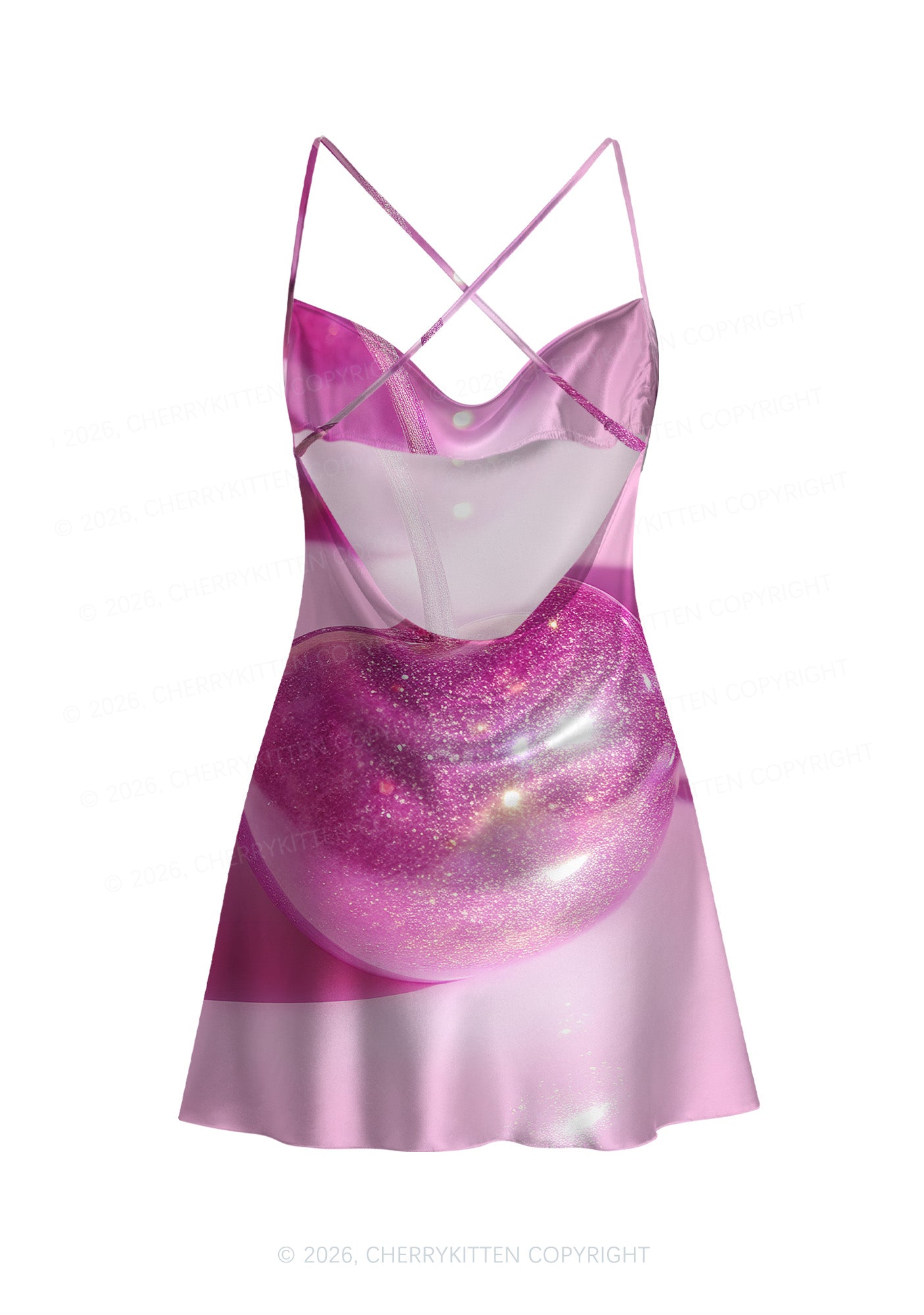 Glitter Pink Cherry Y2K Print Satin Cowl Neck Slip Dress Cherrykitten