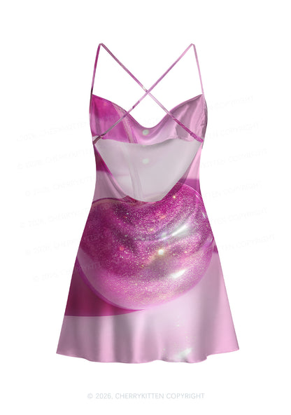 Glitter Pink Cherry Y2K Print Satin Cowl Neck Slip Dress Cherrykitten