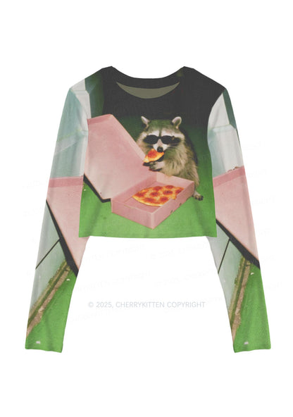 Shades Raccoon Pizza Y2K Mesh Long Sleeve Crop Top Cherrykitten