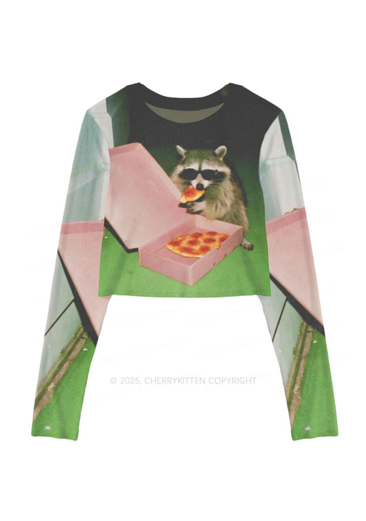Shades Raccoon Pizza Y2K Mesh Long Sleeve Crop Top Cherrykitten