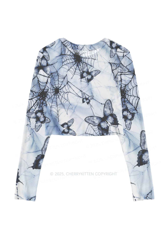 Web And Butterflies Y2K Mesh Long Sleeve Crop Top Cherrykitten