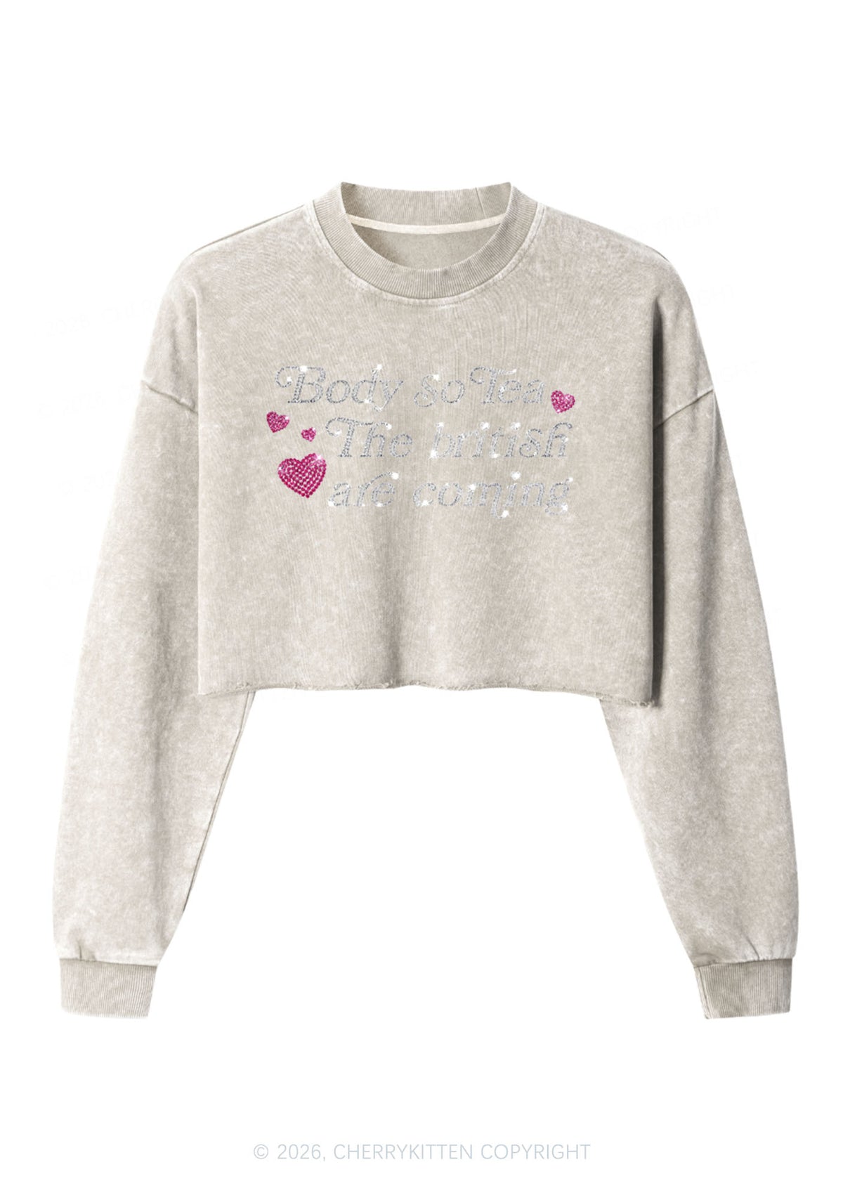 Rhinestone Body So Tea Y2K Crop Washed Sweatshirts Cherrykitten