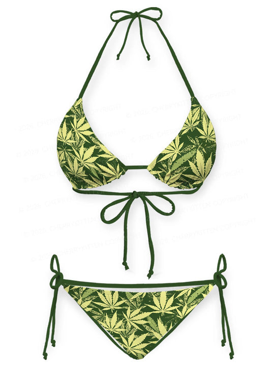 Green Wxxd Leaf Y2K Print Bikini Set Cherrykitten