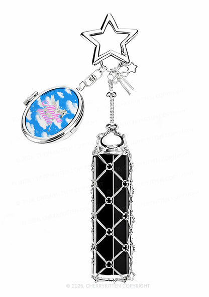 Blue Sky Alpha Male Unicorn 1pc Y2K Metal Mesh Lipstick Holder Keychain With Mirror Cherrykitten